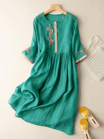 Dresses | Women’s Embroidered Linen-Blend Casual Midi Dress