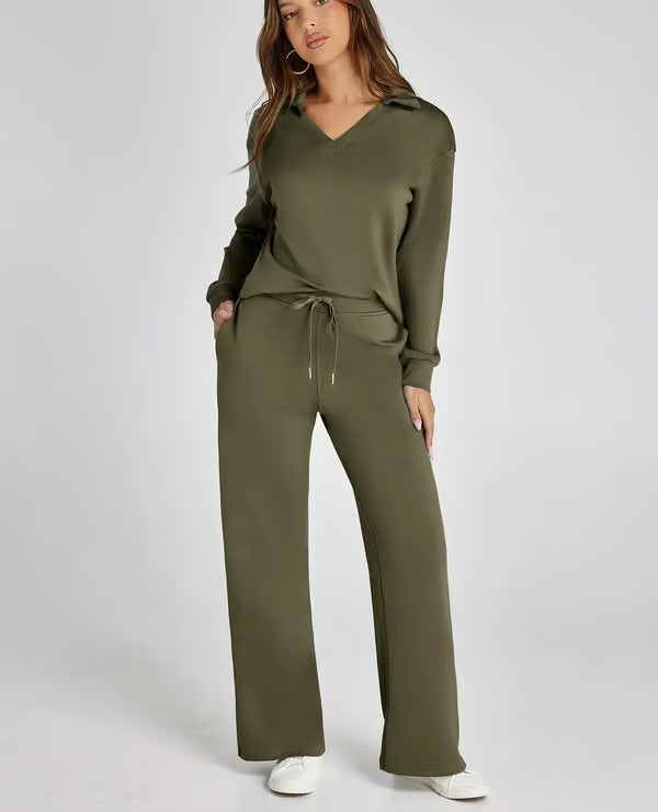 Two-Piece Set | V-Neck Sweatshirt & Wide-Leg Trousers