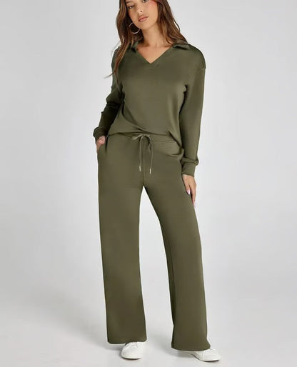 Two-Piece Set | V-Neck Sweatshirt & Wide-Leg Trousers
