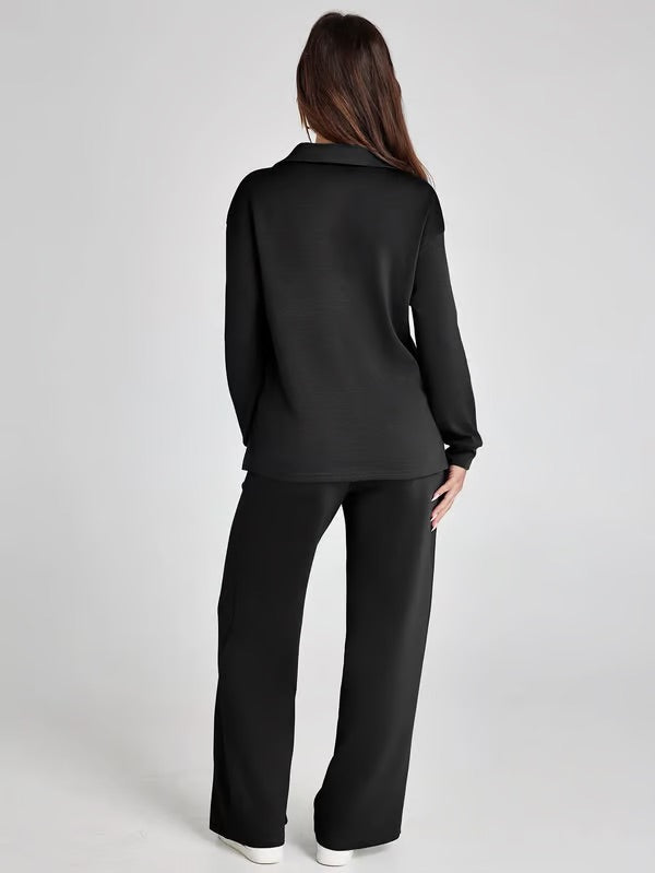 Two-Piece Set | V-Neck Sweatshirt & Wide-Leg Trousers