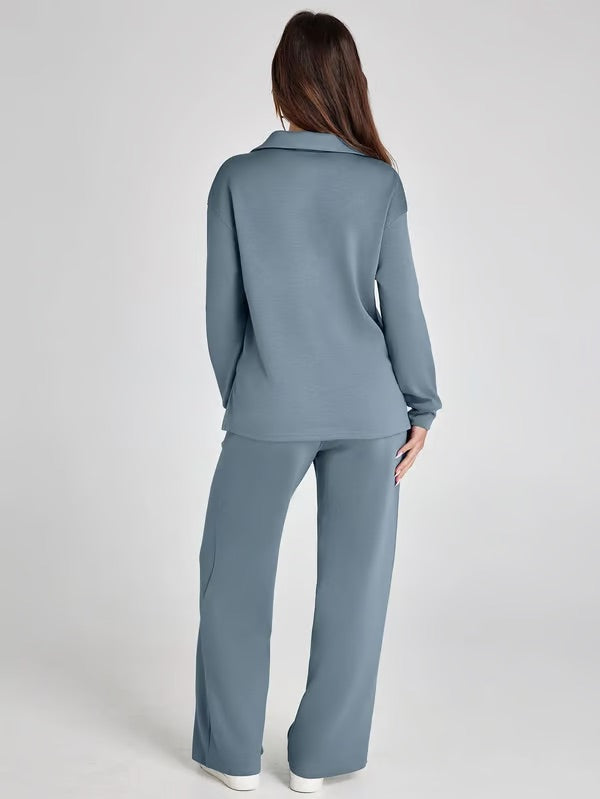 Two-Piece Set | V-Neck Sweatshirt & Wide-Leg Trousers