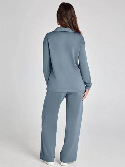 Two-Piece Set | V-Neck Sweatshirt & Wide-Leg Trousers