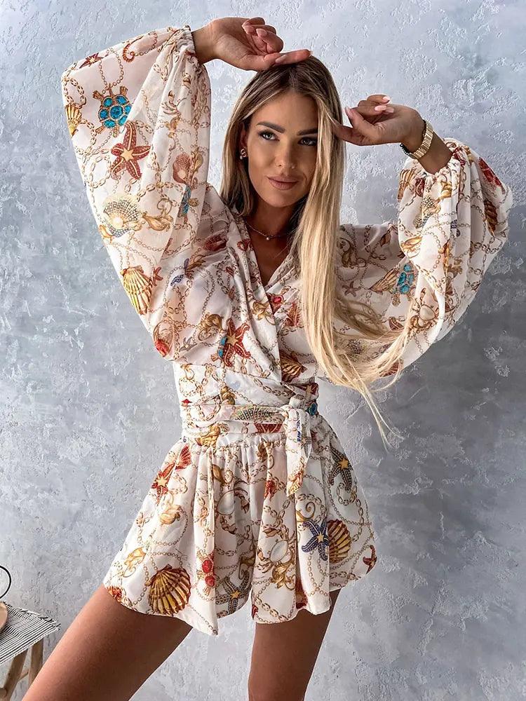 Rompers | Women’s Boho Floral Long Sleeve Ruffle Hem Romper