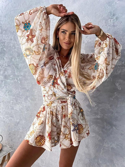 Rompers | Women’s Boho Floral Long Sleeve Ruffle Hem Romper