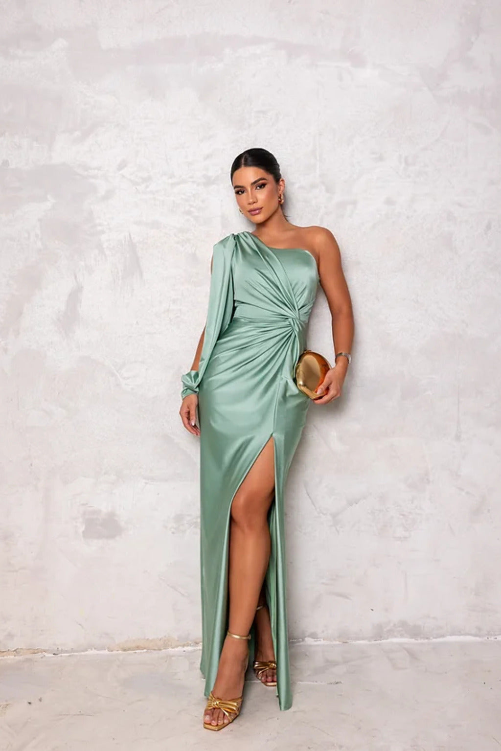 Dresses | Women’s One-Shoulder Draped Sleeve Evening Gown with High Slit