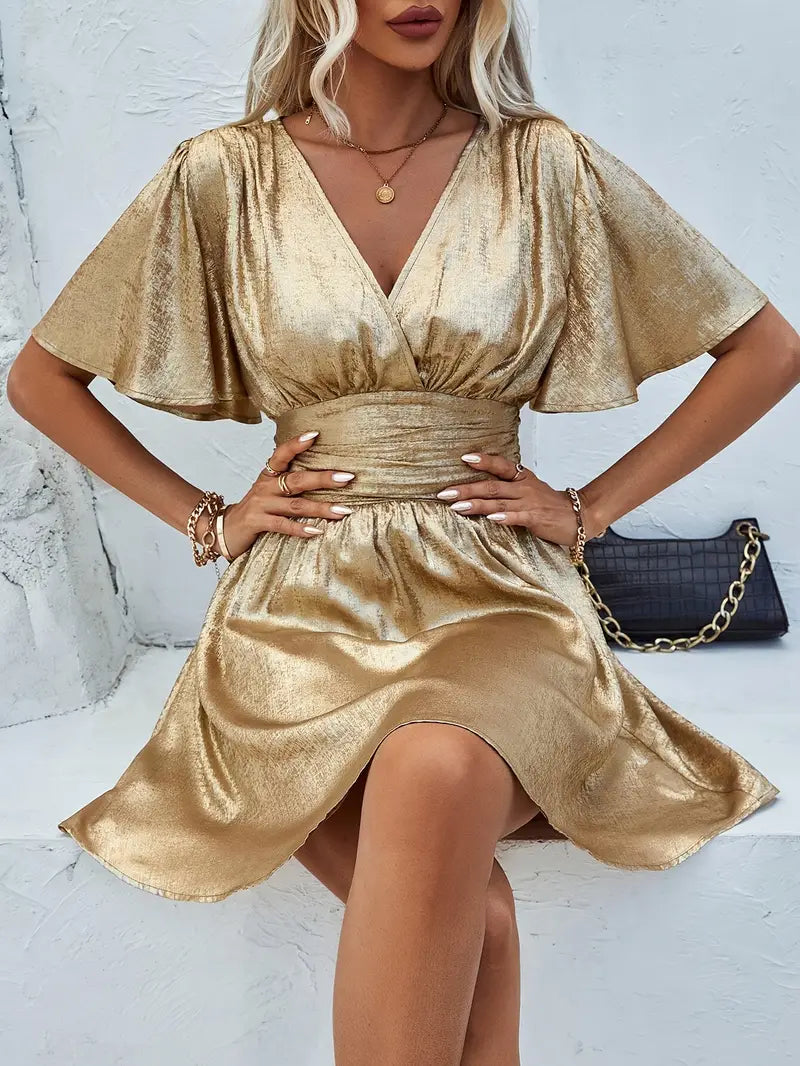 Dresses | Women’s Satin V-Neck Flutter Sleeve Mini Dress