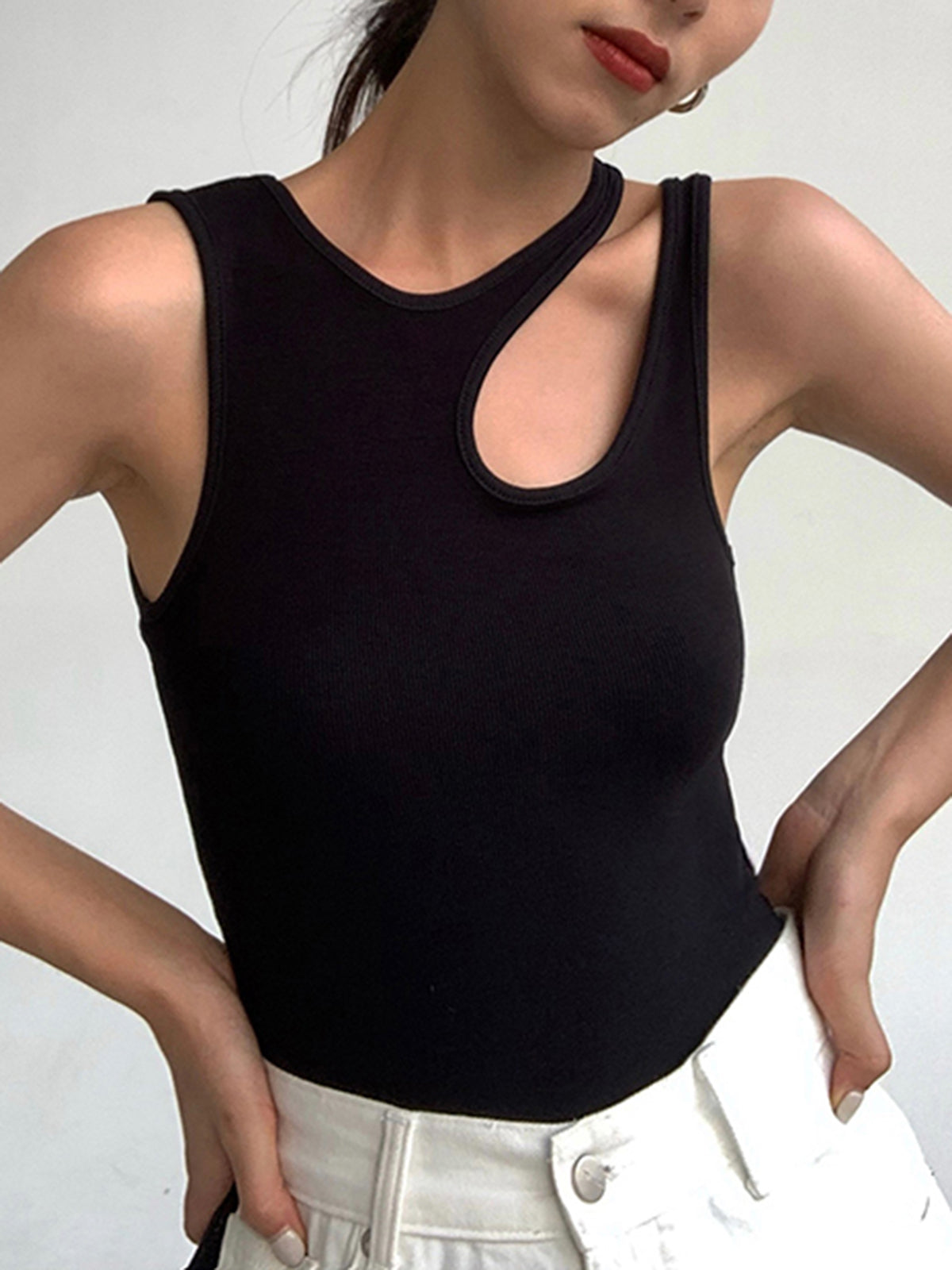 Top | Ribbed Cotton Blend with Asymmetrical Cutout
