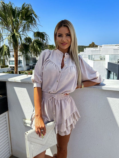 Sets | Women’s Button-Down Shirt and Ruffle Hem Shorts Two-Piece Set