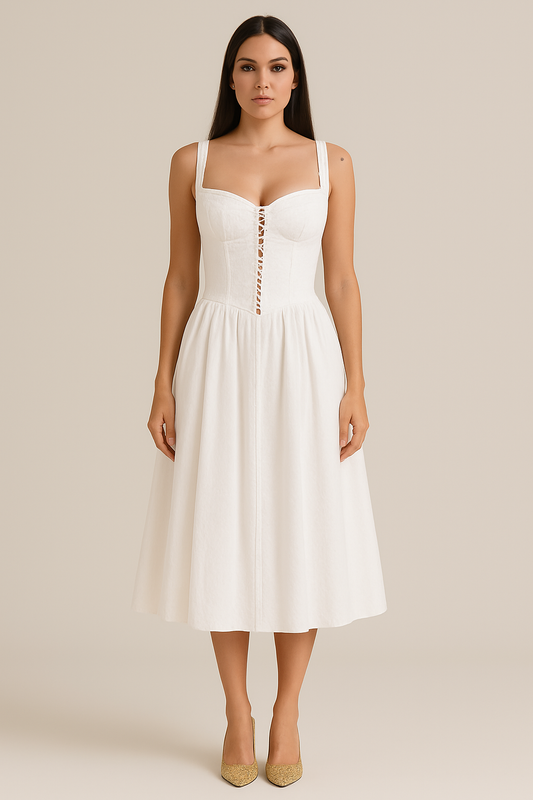 Dresses | Women’s White Midi Dress with Fitted Bodice and Flared Skirt