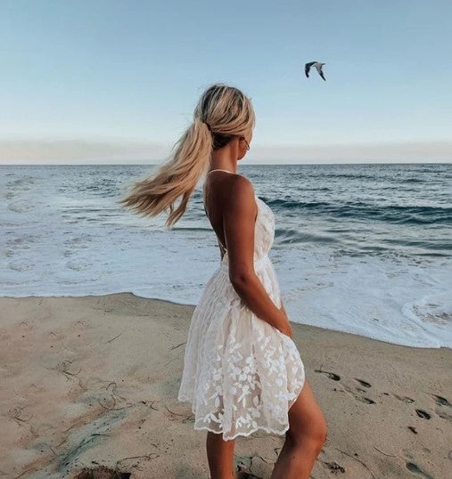 Dresses | Women’s White Lace V-Neck Mini Dress with Floral Embroidery