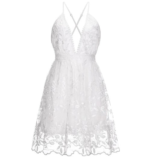 Dresses | Women’s White Lace V-Neck Mini Dress with Floral Embroidery