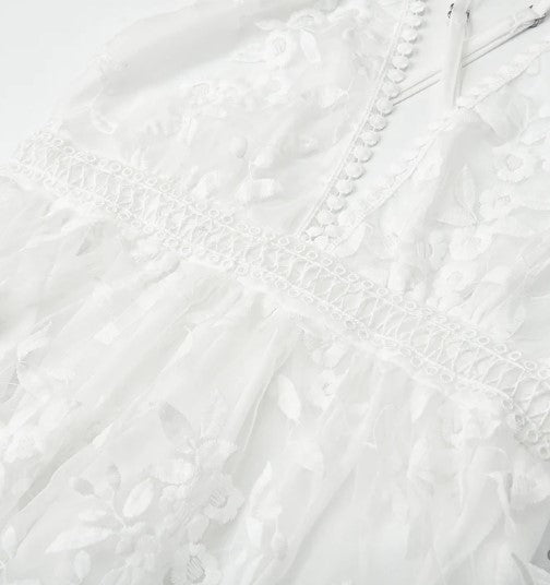 Dresses | Women’s White Lace V-Neck Mini Dress with Floral Embroidery