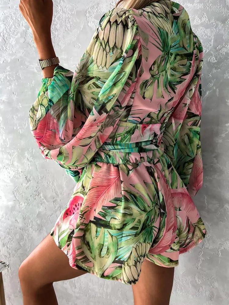 Rompers | Women’s Boho Floral Long Sleeve Ruffle Hem Romper