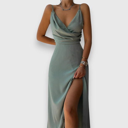 Dresses | Women’s Satin Cowl Neck Evening Gown with High Slit