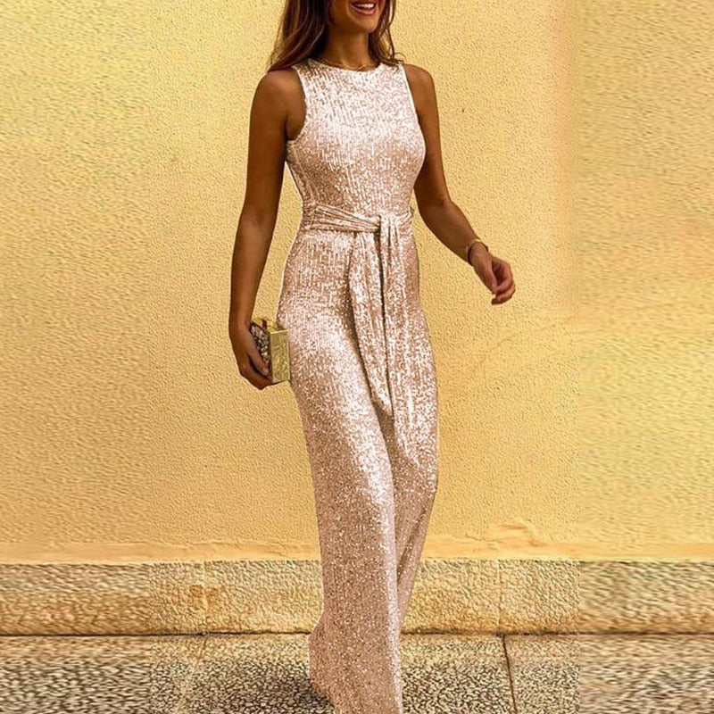 Jumpsuits | Women’s Sparkling Sleeveless Belted Open-Back Jumpsuit