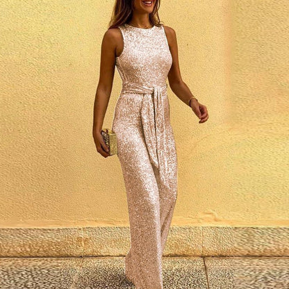 Jumpsuits | Women’s Sparkling Sleeveless Belted Open-Back Jumpsuit