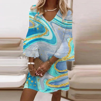 Dresses | Women’s Printed V-Neck Bell Sleeve Mini Dress