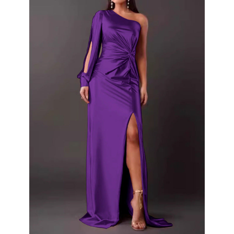 Dresses | Women’s One-Shoulder Satin Maxi Dress with High Slit and Ruched Detail