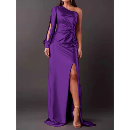 Dresses | Women’s One-Shoulder Satin Maxi Dress with High Slit and Ruched Detail