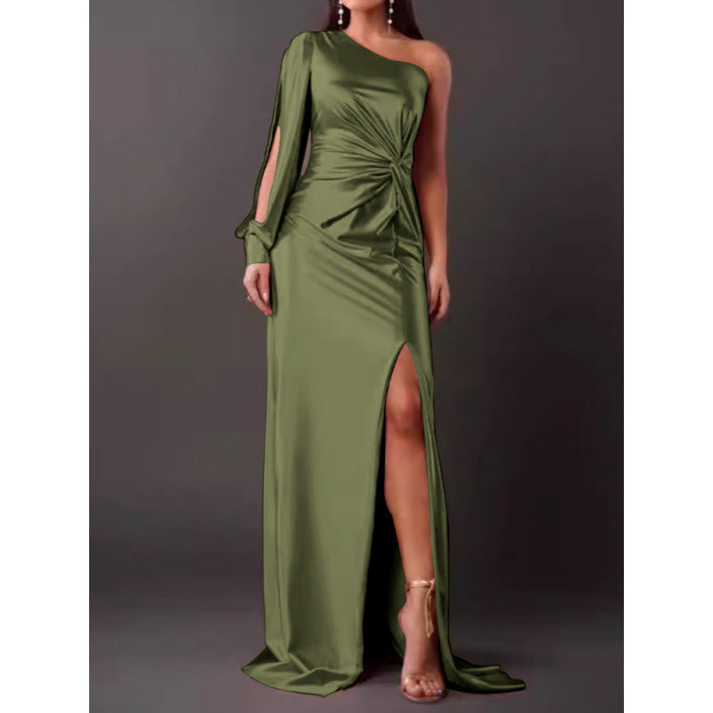 Dresses | Women’s One-Shoulder Satin Maxi Dress with High Slit and Ruched Detail