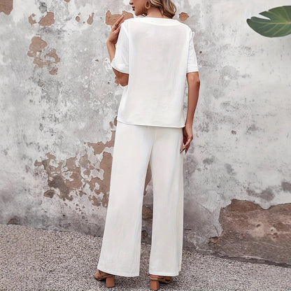 Two-Piece Set | Relaxed Fit Top and Wide-Leg Trousers with Side Button Detail