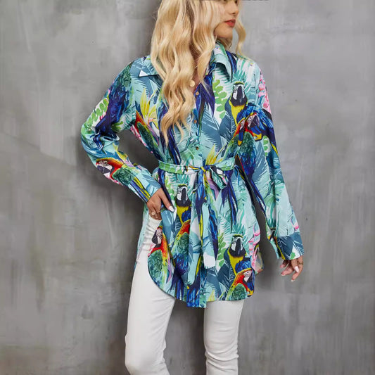 Tops | Women’s Tropical Print Long Sleeve Button-Down Shirt with Waist Tie