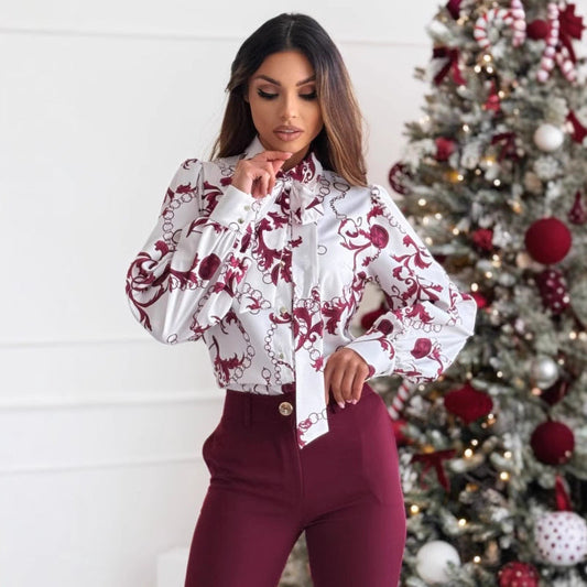 Tops | Women’s Satin Feel Printed Long Sleeve Shirt with Bow Tie Collar