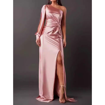 Dresses | Women’s One-Shoulder Satin Maxi Dress with High Slit and Ruched Detail