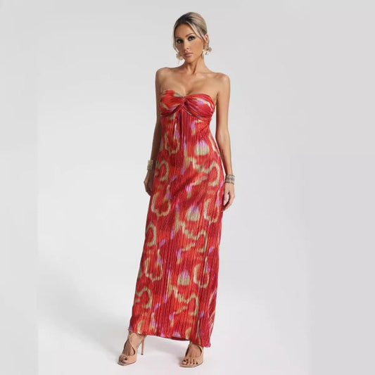Dress | Strapless Pleated Maxi Dress with Abstract Print