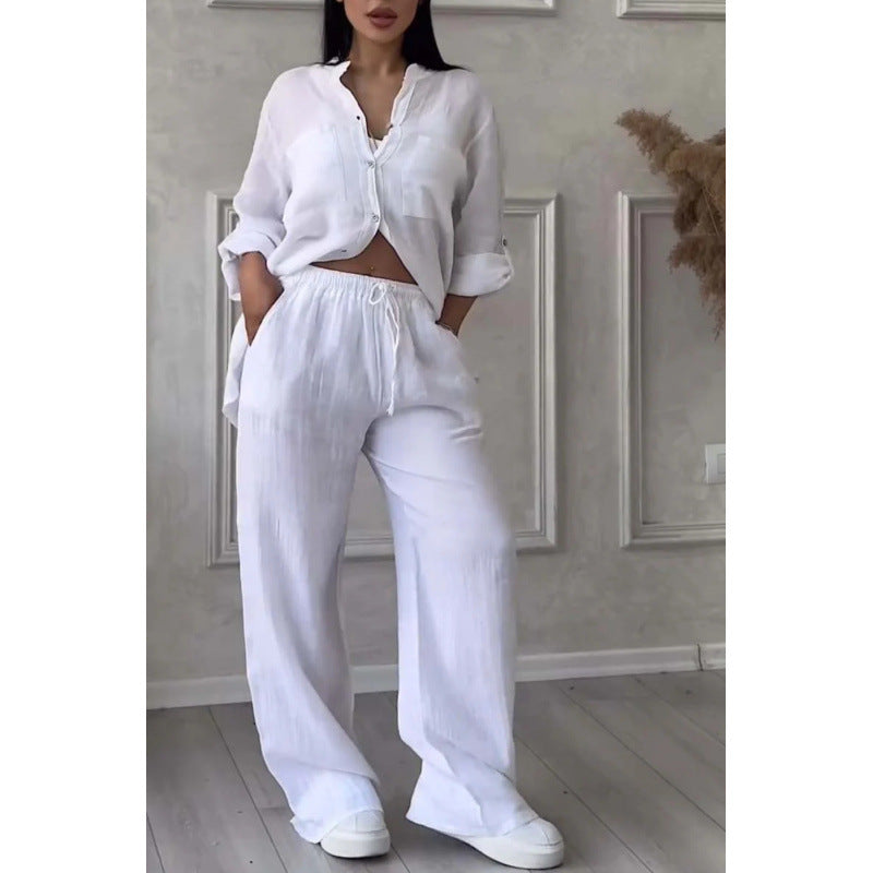 Two-Piece Set | Linen Blend Shirt and Wide-Leg Trousers for Women