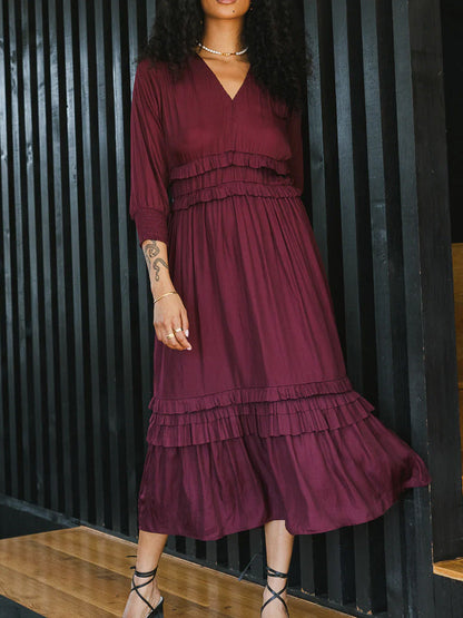 Dress | V-Neck Midi Dress with Tiered Ruffle Hem