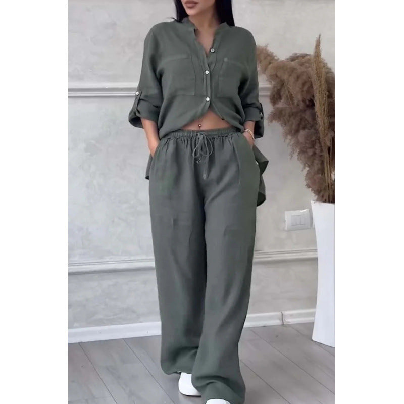 Two-Piece Set | Linen Blend Shirt and Wide-Leg Trousers for Women