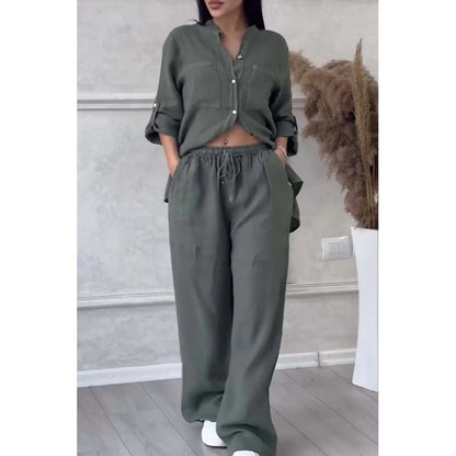 Two-Piece Set | Linen Blend Shirt and Wide-Leg Trousers for Women
