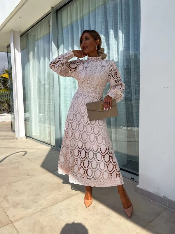 Dresses | Women’s Elegant Lace Midi Dress with Sheer Sleeves
