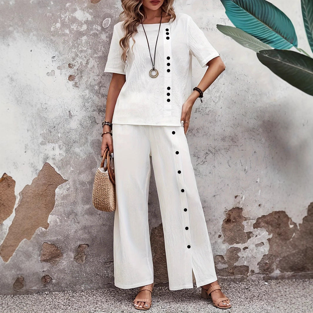 Two-Piece Set | Relaxed Fit Top and Wide-Leg Trousers with Side Button Detail