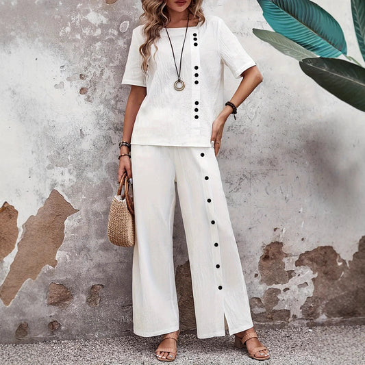 Two-Piece Set | Relaxed Fit Top and Wide-Leg Trousers with Side Button Detail