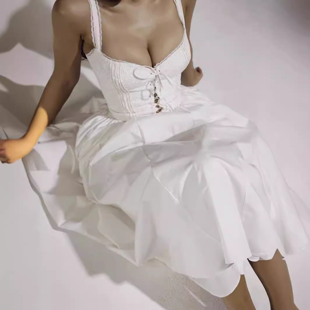 Dresses | Women’s White Midi Dress with Fitted Bodice and Flared Skirt
