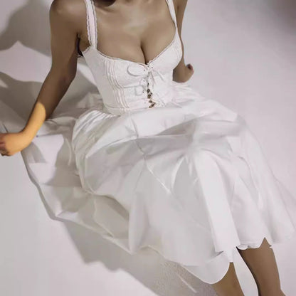 Dresses | Women’s White Midi Dress with Fitted Bodice and Flared Skirt