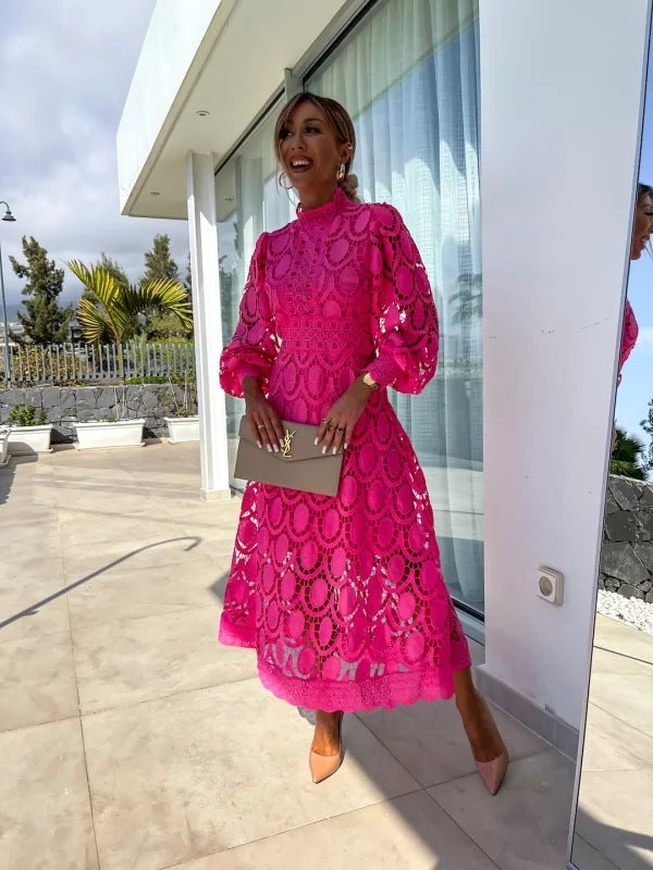 Dresses | Women’s Elegant Lace Midi Dress with Sheer Sleeves