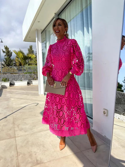 Dresses | Women’s Elegant Lace Midi Dress with Sheer Sleeves