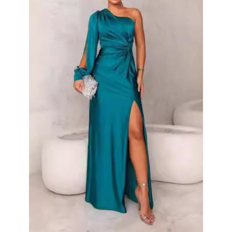 Dresses | Women’s One-Shoulder Satin Maxi Dress with High Slit and Ruched Detail