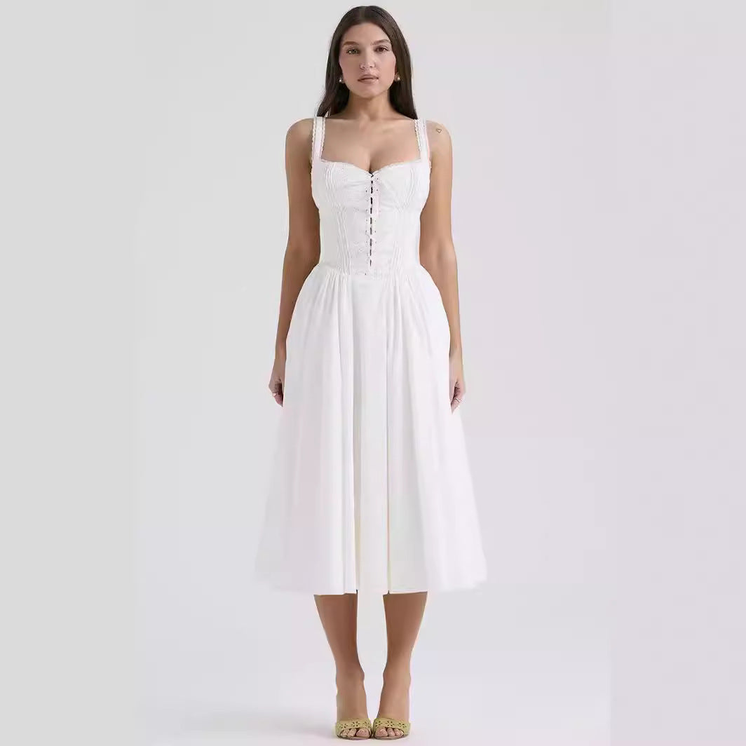 Dresses | Women’s White Midi Dress with Fitted Bodice and Flared Skirt
