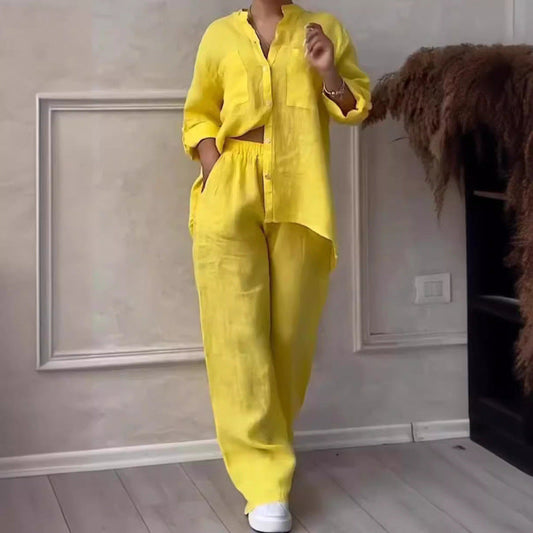 Two-Piece Set | Linen Blend Shirt and Wide-Leg Trousers for Women