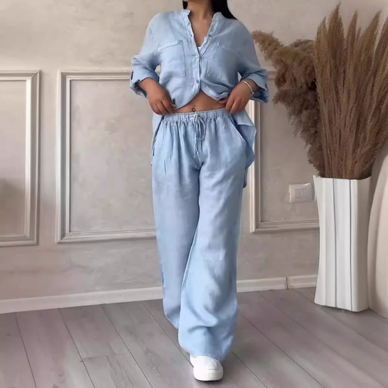 Two-Piece Set | Linen Blend Shirt and Wide-Leg Trousers for Women