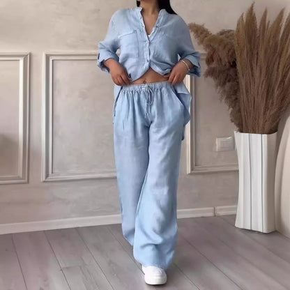 Two-Piece Set | Linen Blend Shirt and Wide-Leg Trousers for Women