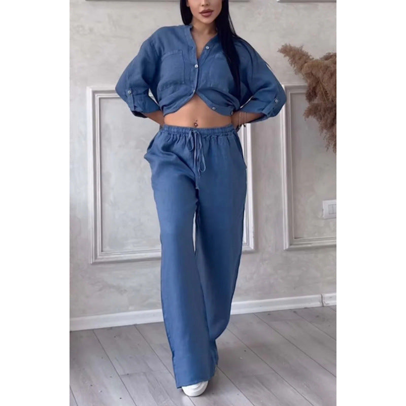 Two-Piece Set | Linen Blend Shirt and Wide-Leg Trousers for Women