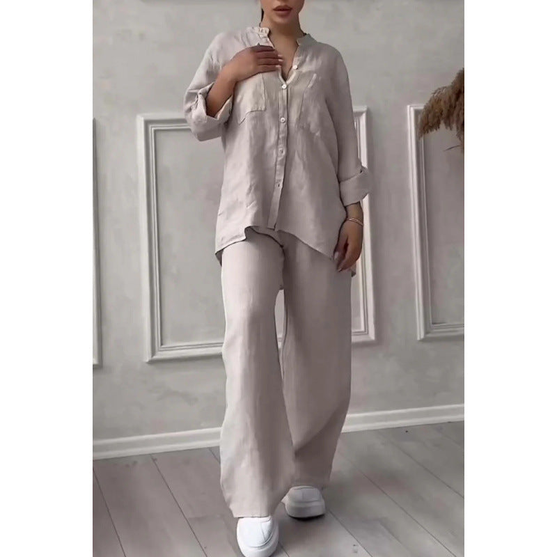 Two-Piece Set | Linen Blend Shirt and Wide-Leg Trousers for Women