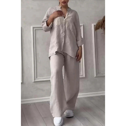 Two-Piece Set | Linen Blend Shirt and Wide-Leg Trousers for Women
