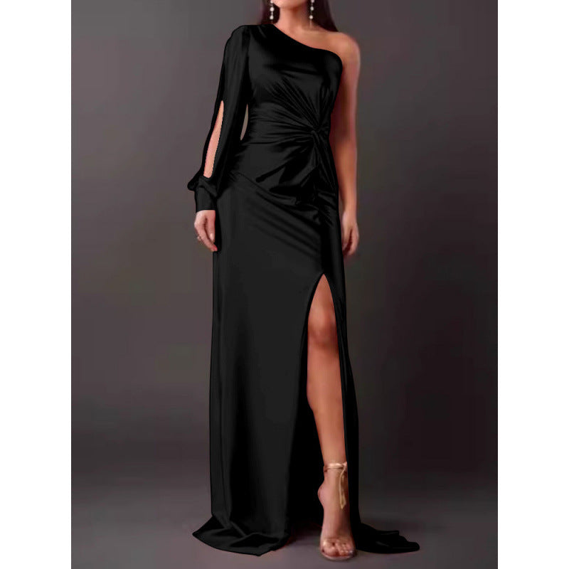 Dresses | Women’s One-Shoulder Satin Maxi Dress with High Slit and Ruched Detail