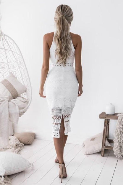 Dress | Slim Fit Midi Dress with Halter Neck and Lace Detail